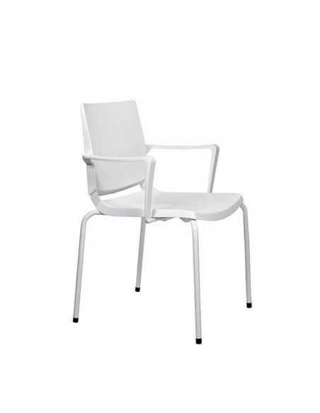 Silla de plástico blanca de alta calidad para salas de espera, con brazos y estructura de 4 patas.
