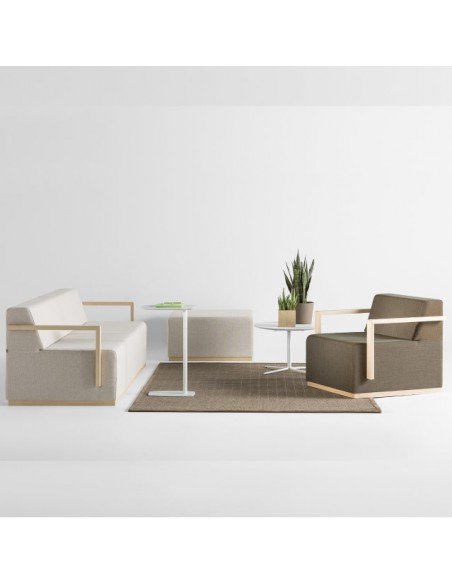 Sofá de sala de espera modelo Pau, butaca simple con brazos de madera y sofá de 2 plazas.