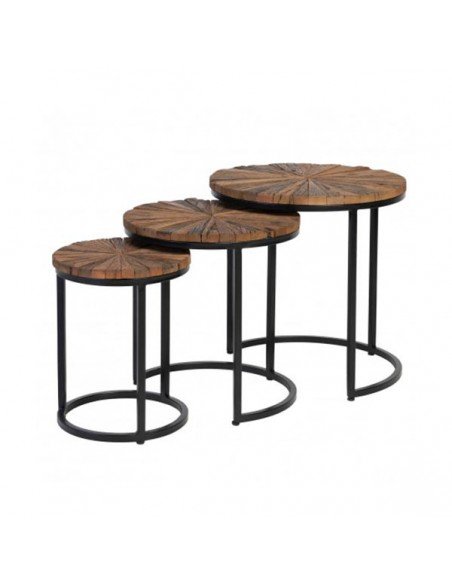 Set de 3 mesas auxiliares de madera con estructura negra modelo Nakul.