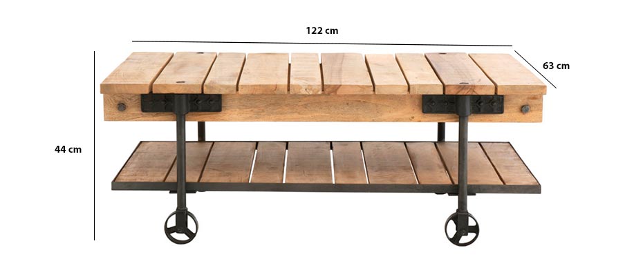 Medidas mesa baja industrial de madera con ruedas Samar