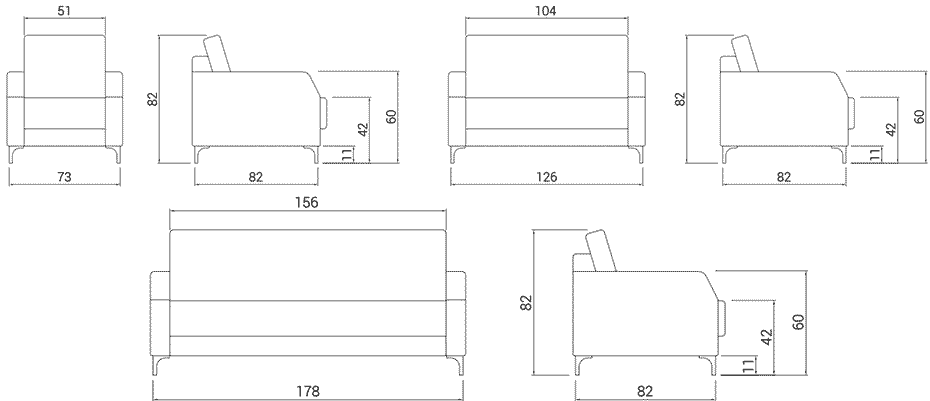 Plano medidas sofá de oficina Astoria de 1, 2 y 3 plazas