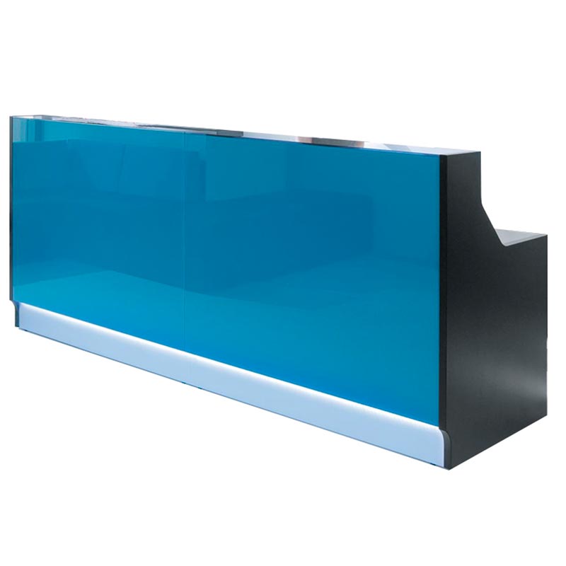 Mostrador de recepción modelo Linea con tira de led blanco en la parte baja y frontal de cristal azul